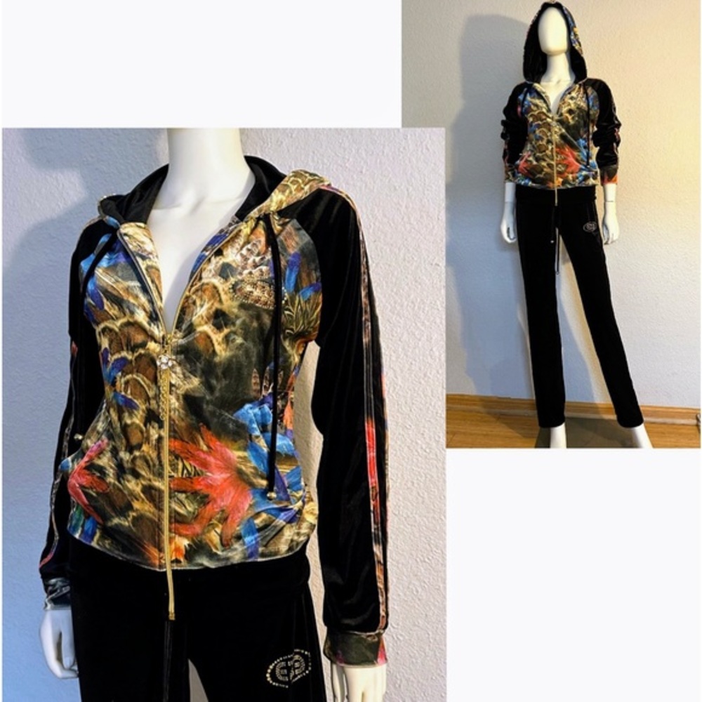 NWT WOMEN'S VELOUR TRACKSUIT SET HOODED FLORAL PRINT‎ JACKET/BLACK PANTS ZIPPED